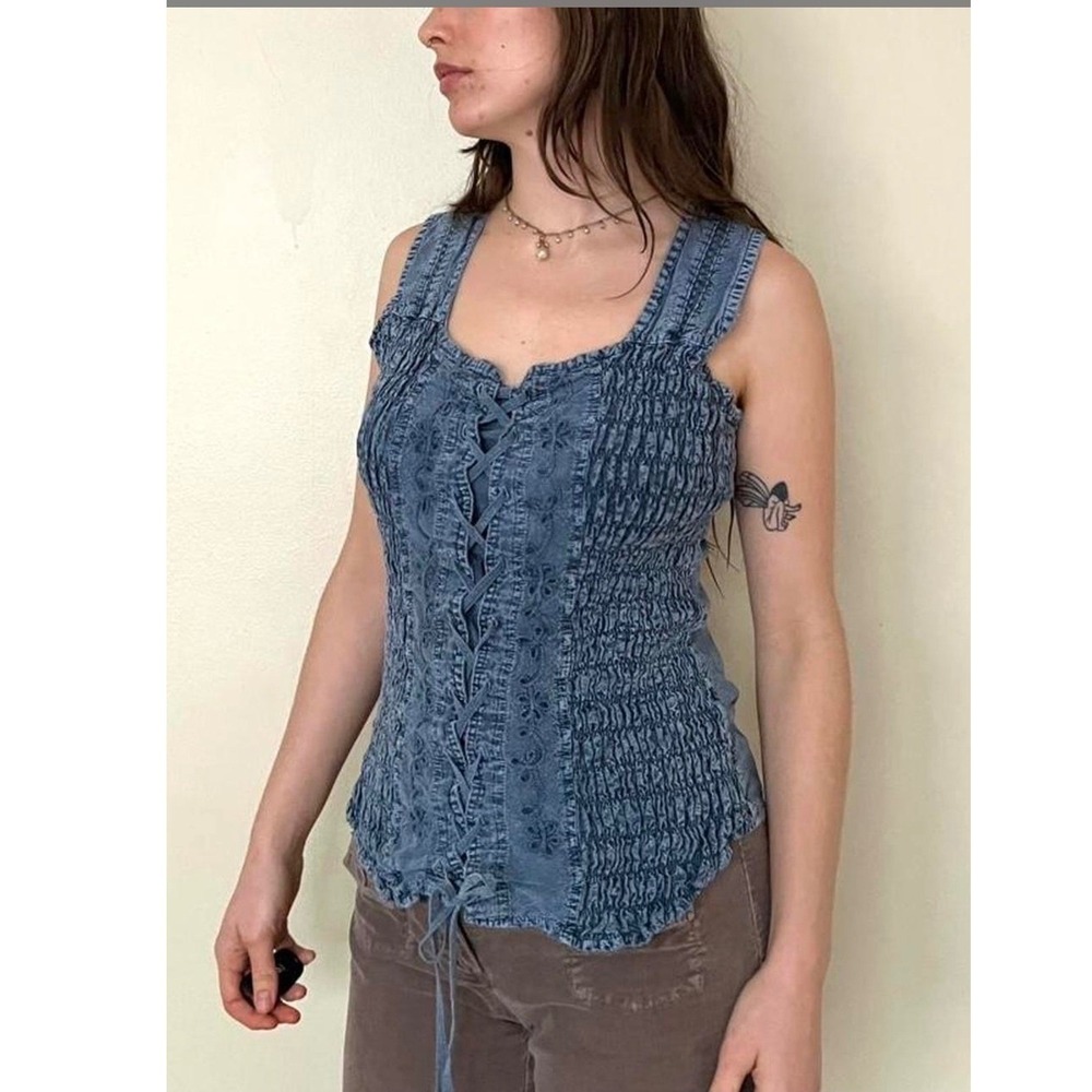 Scully Vest Top Womens XL Blue PSL-058 Peruvian Cotton Lace Up Smocked Y2K Boho